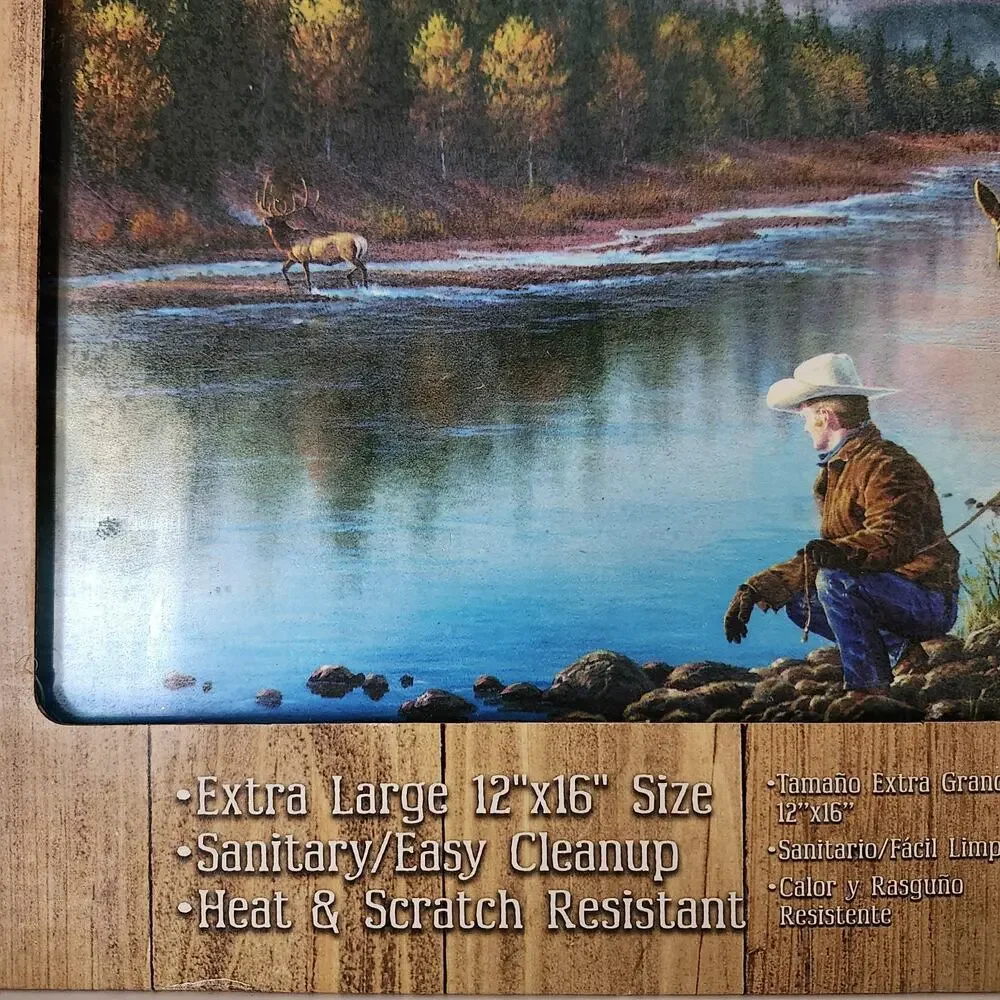 NEW Cowboy & Horses at Stream Tempered Glass Cutting Board 12x16